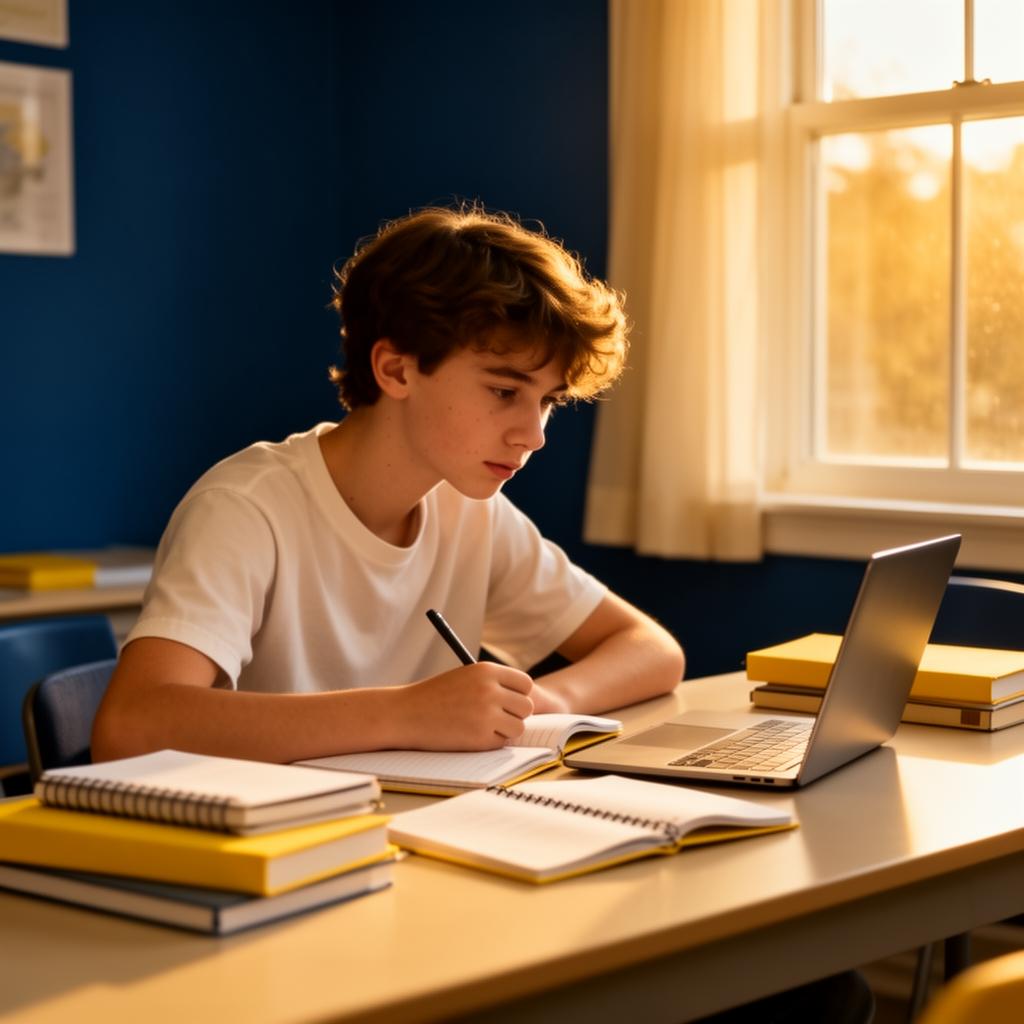 Konzentrierte:r Schüler:in lernt am Schreibtisch in goldenem Nachmittagslicht