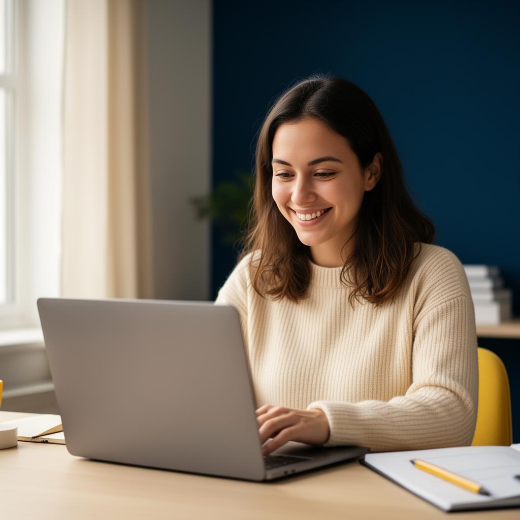 Freundliche Online-Nachhilfelehrerin lächelt während einer Videostunde am Laptop